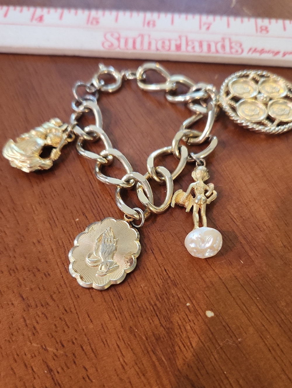Gold-Tone Religious Charm Bracelet Pearl Accent Serenity Prayer